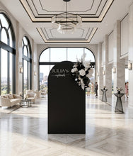 Load image into Gallery viewer, Black arch / backdrop and black & white flowers - HIRE ONLY