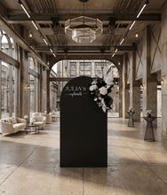 Load image into Gallery viewer, Black arch / backdrop and black & white flowers - HIRE ONLY