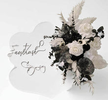 Load image into Gallery viewer, Black arch backdrop, Black & white flowers and black plinth / cake stand - HIRE ONLY