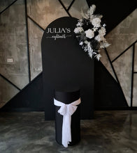 Load image into Gallery viewer, Black arch backdrop, Black & white flowers and black plinth / cake stand - HIRE ONLY