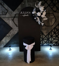 Load image into Gallery viewer, Black arch backdrop, Black & white flowers and black plinth / cake stand - HIRE ONLY