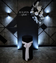 Load image into Gallery viewer, Black arch backdrop, Black & white flowers and black plinth / cake stand - HIRE ONLY