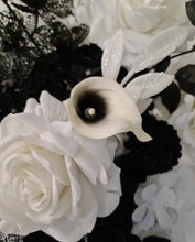 Load image into Gallery viewer, Black arch backdrop, Black & white flowers and black plinth / cake stand - HIRE ONLY