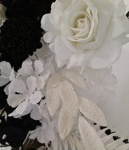 Load image into Gallery viewer, Black arch backdrop, Black & white flowers and black plinth / cake stand - HIRE ONLY