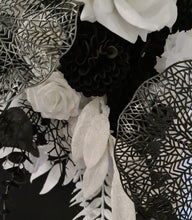 Load image into Gallery viewer, Black arch backdrop, Black & white flowers and black plinth / cake stand - HIRE ONLY
