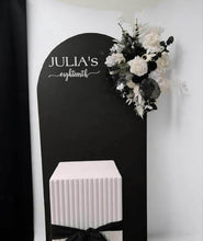 Load image into Gallery viewer, Black arch backdrop, Black & white flowers and white square ripple plinth / cake stand - HIRE ONLY