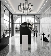Load image into Gallery viewer, Black arch backdrop, Black & white flowers and white square ripple plinth / cake stand - HIRE ONLY