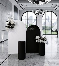 Load image into Gallery viewer, 2 x arch backdrop (black & white), 2 x black & white flowers, 2 x cylinder plinths - HIRE ONLY