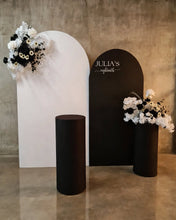 Load image into Gallery viewer, 2 x arch backdrop (black & white), 2 x black & white flowers, 2 x cylinder plinths - HIRE ONLY