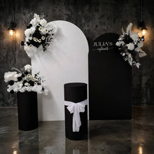 Load image into Gallery viewer, 2 x arch backdrop (black & white), 3 x black & white flowers, 2 x cylinder plinths - HIRE ONLY