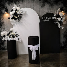 Load image into Gallery viewer, 2 x arch backdrop (black & white), 3 x black & white flowers, 2 x cylinder plinths - HIRE ONLY