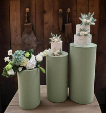 Load image into Gallery viewer, Sage green cylinder cake stand / plinth - 90cm - HIRE ONLY