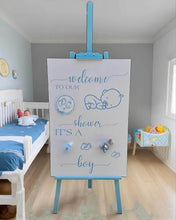 Load image into Gallery viewer, Baby shower – BABY BOY - blue welcome sign (easel & board) - HIRE ONLY