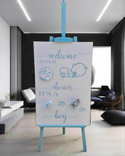 Load image into Gallery viewer, Baby shower – BABY BOY - blue welcome sign (easel & board) - HIRE ONLY