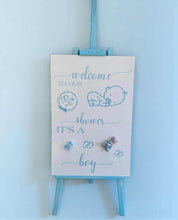 Load image into Gallery viewer, Baby shower – BABY BOY - blue welcome sign (easel & board) - HIRE ONLY
