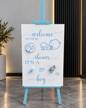 Load image into Gallery viewer, Baby shower – BABY BOY - blue welcome sign (easel & board) - HIRE ONLY