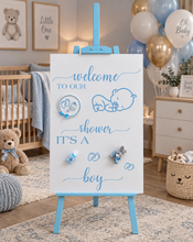 Load image into Gallery viewer, Baby shower – BABY BOY - blue welcome sign (easel & board) - HIRE ONLY