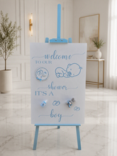 Load image into Gallery viewer, Baby shower – BABY BOY - blue welcome sign (easel & board) - HIRE ONLY