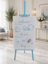 Load image into Gallery viewer, Baby shower – BABY BOY - blue welcome sign (easel & board) - HIRE ONLY