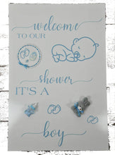 Load image into Gallery viewer, Baby shower – BABY BOY - blue welcome sign (easel, board & balloons) - HIRE ONLY