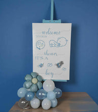 Load image into Gallery viewer, Baby shower – BABY BOY - blue welcome sign (easel, board & balloons) - HIRE ONLY