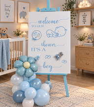 Load image into Gallery viewer, Baby shower – BABY BOY - blue welcome sign (easel, board & balloons) - HIRE ONLY