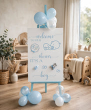 Load image into Gallery viewer, Baby shower – BABY BOY - blue welcome sign (easel, board & balloons) - HIRE ONLY
