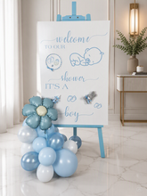 Load image into Gallery viewer, Baby shower – BABY BOY - blue welcome sign (easel, board & balloons) - HIRE ONLY