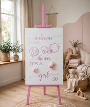Load image into Gallery viewer, Baby shower – BABY GIRL - pink welcome sign (easel & board) - HIRE ONLY