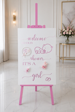 Load image into Gallery viewer, Baby shower – BABY GIRL - pink welcome sign (easel & board) - HIRE ONLY