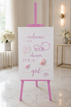 Load image into Gallery viewer, Baby shower – BABY GIRL - pink welcome sign (easel & board) - HIRE ONLY