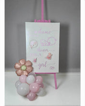 Load image into Gallery viewer, Baby shower – BABY GIRL - pink welcome sign (easel, board & balloons) - HIRE ONLY