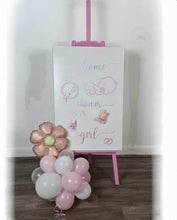 Load image into Gallery viewer, Baby shower – BABY GIRL - pink welcome sign (easel, board & balloons) - HIRE ONLY