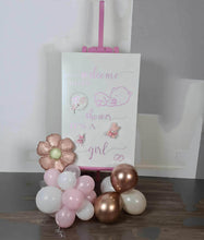 Load image into Gallery viewer, Baby shower – BABY GIRL - pink welcome sign (easel, board & balloons) - HIRE ONLY