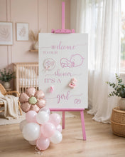 Load image into Gallery viewer, Baby shower – BABY GIRL - pink welcome sign (easel, board & balloons) - HIRE ONLY