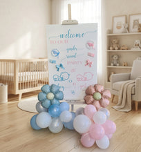Load image into Gallery viewer, Baby shower – GENDER REVEAL – blue / pink welcome sign (easel, board & balloons) - HIRE ONLY