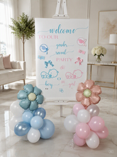 Load image into Gallery viewer, Baby shower – GENDER REVEAL – blue / pink welcome sign (easel, board & balloons) - HIRE ONLY