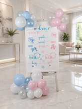 Load image into Gallery viewer, Baby shower – GENDER REVEAL – blue / pink welcome sign (easel, board & balloons) - HIRE ONLY