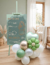 Load image into Gallery viewer, Baby shower – sage, green, neutral & champagne gold welcome sign (easel, board & balloons) - HIRE ONLY