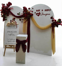 Load image into Gallery viewer, Burgundy, dark red package – 2 arches, 3 flowers & welcome sign - HIRE ONLY