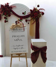Load image into Gallery viewer, Burgundy, dark red package – 2 arches, 3 flowers & welcome sign - HIRE ONLY
