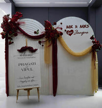 Load image into Gallery viewer, Burgundy, dark red package – 2 arches, 3 flowers & welcome sign - HIRE ONLY