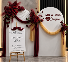 Load image into Gallery viewer, Burgundy, dark red package – 2 arches, 3 flowers & welcome sign - HIRE ONLY