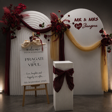 Load image into Gallery viewer, Burgundy, dark red package – 2 arches, 3 flowers & welcome sign - HIRE ONLY