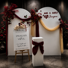 Load image into Gallery viewer, Burgundy, dark red package – 2 arches, 3 flowers & welcome sign - HIRE ONLY