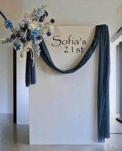 Load image into Gallery viewer, White rectangular backdrop 2.1m & blue flowers - HIRE ONLY
