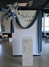 Load image into Gallery viewer, White rectangular backdrop 2.1m, blue flowers & cake stand - HIRE ONLY