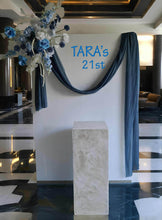 Load image into Gallery viewer, White rectangular backdrop 2.1m, blue flowers & cake stand - HIRE ONLY