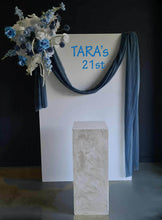 Load image into Gallery viewer, White rectangular backdrop 2.1m, blue flowers & cake stand - HIRE ONLY