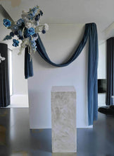 Load image into Gallery viewer, White rectangular backdrop 2.1m, blue flowers & cake stand - HIRE ONLY